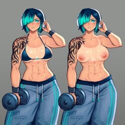 1girls abs aqua_eyes arm_tattoo bikini bikini_top blue_hair breasts eyeliner eyeshadow grey_background hi_res iahfy jade_(iahfy) large_breasts makeup mole multicolored_hair muscular muscular_female navel original patreon_username signature tan_body tanline tattoo topless twitter_username watermark