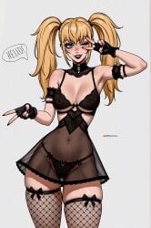 1girls ani_(twitter) black_lipstick blonde_hair blue_eyes breasts dress female female_focus fingerless_gloves fishnets gal goth goth_girl grok_(x) grok_(xai) large_breasts light-skinned_female light_skin lingerie looking_at_viewer prixmal simple_background standing thick_thighs thighs twintails twitter waifu white_background wide_hips