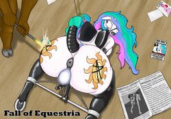 2015 alicorn anthro anthrofied anus ass ball_gag big_butt bondage bound branding_iron branding_mark cervine chains clothing collar cutie_mark elbow_gloves equine fall_of_equestria female forced friendship_is_magic gag gloves horn imminent_rape insertion leash legwear male mammal my_little_pony newspaper nude penetration ponkpank princess_cadance_(mlp) princess_celestia_(mlp) pussy reindeer rubber severed_horn shackles slave spreader_bar stockings sweat tail_wrap twilight_sparkle_(mlp) vaginal_insertion vaginal_penetration wings