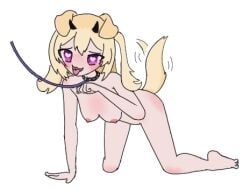 all_fours blonde_hair breasts breasts cerbervt collar completely_nude dog_girl female horns indie_virtual_youtuber leash leash_and_collar nipples nude petplay purple_eyes tail virtual_youtuber