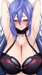 armpits arms_up big_breasts blush choker cleavage close-up goddess iris_heart large_breasts light_skin looking_at_viewer misaki_(nounaikakusan) neptunia_(series) open_mouth pink_eyes plutia purple_hair smile solo