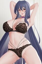 akeno_himejima armpits aslindsamure black_bra black_hair black_lingerie black_panties blush cleavage female_only floral_print glossy_lips high_school_dxd huge_breasts large_breasts long_hair nipples_visible_through_clothing purple_eyes smile tattoo