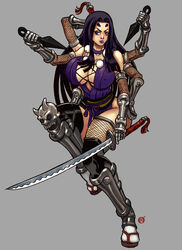 armor female katana kunai kunoichi lady_onikumo looking_at_viewer multi_arm multi_limb nipples open_toe_shoes privatepomegranate shonemitsu skimpy_clothes sword weapon