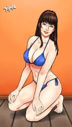 bikini blue_bikini brown_hair cleavage dead_or_alive female female_only hitomi_(doa) human kneeling long_hair radprofile smile solo tecmo thong thong_bikini