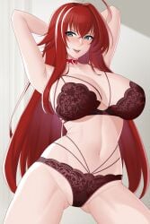 armpits aslindsamure blue_green_eyes blush cleavage female_only floral_print glossy_lips high_school_dxd huge_breasts large_breasts long_hair nipples_visible_through_clothing red_bra red_hair red_lingerie red_panties rias_gremory smile tattoo