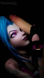 1boy 1girls 3d 3d_(artwork) 3d_model 3d_render big_penis blender blender_(artwork) blender_(software) blender_cycles blue_hair clothed fingerless_gloves gloves handjob jinx_(league_of_legends) league_of_legends league_of_legends:_wild_rift lipstick looking_up necklace nocturnal35 penis penis_on_face pink_eyes riot_games smile smiling tagme tattoos