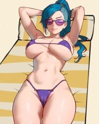 1girls 2025 armpits arms_behind_head beach beach_towel bikini blue_hair breasts cameltoe digital_media_(artwork) eyebrow_piercing female female_only greaterkeytattoos laying_down one_eye_closed original original_character ponytail shaved_side small_bikini smile smiling solo solo_female sunglasses towel