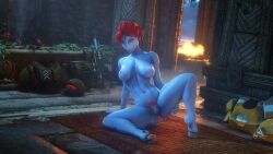 16:9 3d alien alien_humanoid armor bravo44_(artist) breasts digital_media_(artwork) female fire fire_warrior hair hand_on_leg hi_res hooves humanoid male nude pubes reclining red_eyes red_hair rookie425 smile smiling_at_viewer solo spread_legs spreading t'au t'au_(warhammer) warhammer_(franchise) warhammer_40000 widescreen