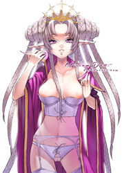 1girls braid breasts bustier cross-laced_clothes elf female garter garter_straps high_collar long_hair midriff miriamdott multiple_braids navel nipples off_shoulder open_clothes open_robe original panties parted_lips pink_eyes pointy_ears pussy robe simple_background smile solo thighhighs tiara tied_hair very_long_hair white_background white_legwear white_panties