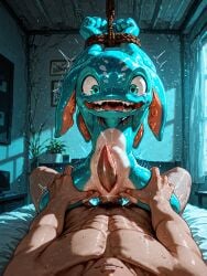 ai_generated big_dom_small_sub blue_skin bound cetacean_penis chained cowgirl_position crying fizz_(lol) gay human human_on_anthro human_on_male human_penetrating in_bed league_of_legends light-skinned_male male penis rape size_difference tapering_penis tentacle_hair white_belly yordle yordle_on_human