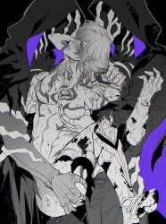 3boys blood flame_reaver_(honkai:_star_rail) hair_pulling honkai:_star_rail hooded_cloak imminent_penetration male/male/male monochrome muscular_bottom mydei_(honkai:_star_rail) spot_color squeezing_breast tattoos threesome tongue_kiss yaoi