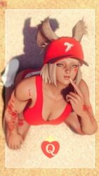 3d beach blue_eyes chereal_(artist) eye_contact eye_contact_pov female female_only final_fantasy final_fantasy_xiv gpose(ffxiv) hi_res highres kneeling light_brown_hair presenting queen_of_hearts sand smirk sneakers sports_bra sportswear sunglasses tagme tanned viera