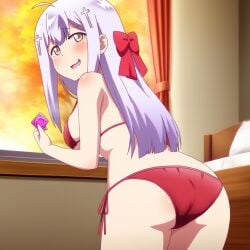 1girls ai_generated ass autumn back bed bedroom bikini condom condom_wrapper cross_hair_ornament gabriel_dropout hair_bun holding_condom indoors large_breasts long_hair looking_back novel_ai raphiel_shiraha_ainsworth red_bikini red_bra red_panties solo standing white_hair window yellow_eyes