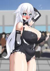 big_breasts black_heart blue_eyes blush bodypaint goddess long_hair neptunia_(series) nipples noire nude open_mouth outdoors painted_clothes polyester_(artist) public voluptuous white_hair