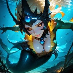 1female 1girls ai_generated black_sclera blonde_hair breasts cleavage colored_sclera eyelashes eyeliner fantasy female female_focus female_only fin fins helmet horny jewel jewelry league_of_legends long_hair looking_at_viewer makeup medium_breasts mermaid mermaid_tail nami_(league_of_legends) orange_eyes riot_games scales sensual sexually_suggestive sexy shiny_skin siren solo solo_female solo_focus stable_diffusion stblfantasy submarine suggestive suggestive_look underwater wet wet_hair