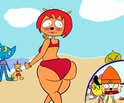 ass bear bikini blonde_hair blush butlova canine chop_chop_master_onion chubby dat_ass feline hetero horns interspecies joe_chin katy_kat lamb lammy_lamb large_ass ma-san parappa parappa_the_rapper pj_berri red_hair sony straight sunny_funny swimsuit um_jammer_lammy