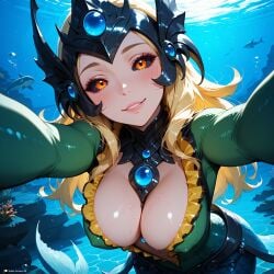 1female 1girls ai_generated black_sclera blonde_hair breasts cleavage colored_sclera eyelashes eyeliner fantasy female female_focus female_only fin fins helmet horny jewel jewelry league_of_legends long_hair looking_at_viewer makeup medium_breasts mermaid mermaid_tail nami_(league_of_legends) orange_eyes riot_games scales sensual sexually_suggestive sexy shiny_skin siren solo solo_female solo_focus stable_diffusion stblfantasy submarine suggestive suggestive_look underwater wet wet_hair