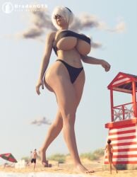 1boy 2girls 3d ass beach big_ass big_breasts bikini bradengts breasts clothing female female_focus giantess glasses hairband huge_ass huge_breasts light-skinned_female light-skinned_male light_skin macro malee nier nier:_automata short_hair size_difference thick_thighs walking white_hair yorha_2b yorha_9s