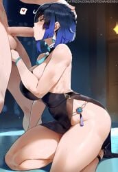 1boy 1girls 2024 2d 2d_(artwork) ai_assisted artist_name big_ass big_breasts blowjob blue_hair blunt_ends caressing_testicles clothed_female_nude_male clothed_sex dress earrings erotic_nansensu fellatio fondling_balls genshin_impact gradient_hair green_eyes guiding_hand head_grab heart high_heels huge_ass jewelry kneeling kneeling_oral_position looking_at_another motion_lines oral patreon_username penis revealing_clothes side_slit testicles_clench thick_thighs yelan_(genshin_impact)