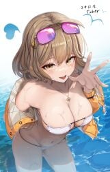 1girls anis_(nikke) anis_(sparkling_summer)_(nikke) aviator_sunglasses bikini blush breasts brown_eyes brown_hair cleavage collarbone commentary_request eyepatch_bikini eyewear_on_head female foreshortening goddess_of_victory:_nikke hand_on_own_hip highres jacket jewelry large_breasts long_sleeves looking_at_viewer necklace official_alternate_costume open_clothes open_jacket open_mouth partially_submerged purple-tinted_eyewear short_hair smile solo sunglasses swimsuit ticker_(kks2ksy) tinted_eyewear white_bikini yellow_jacket
