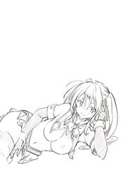 arm_support breasts breasts_out drawn female high_school_dxd large_breasts magical_girl nipples on_side ribbon scan serafall_leviathan smile solo thighhighs tied_hair twintails