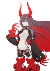 armor belt black_gold_saw black_hair black_rock_shooter breasts claws cropped_jacket female frown gradient gradient_hair highres horns jacket long_hair looking_at_viewer navel nipples pale_skin red_eyes red_hair short_shorts shorts smile solo the_pink_pirate two_tone_hair