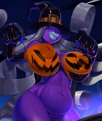 1girls belly bodypaint breasts curvy elbow_gloves female female_only gloves halloween hat inverted_nipples jack-o'-lantern large_breasts latex latex_gloves mario_(series) nintendo nipples paper_mario paper_mario:_the_thousand-year_door plump pumpkin_boobs pussy shadow_queen shadow_siren smile solo standing theboogie witch_hat