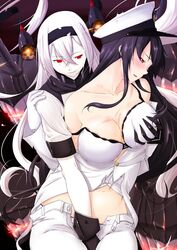 2girls abyssal_ship admiral_(kantai_collection) air_defense_hime between_legs black_gloves blush bra breast_grab breasts character_request female female_admiral_(kantai_collection) gloves glowing glowing_eyes groping hairband hand_between_legs hat highres kantai_collection large_breasts long_hair multiple_girls niwatazumi panties partially_undressed shinkaisei-kan simple_background tatebayashi_sakurako unbuttoned underwear white_bra yuri