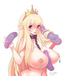 blonde_hair blue_eyes breasts collar disembodied_penis elf female hairjob handjob iri-neko large_breasts long_hair male nipple_piercing nipples paizuri penis piercing pointy_ears straight tiara