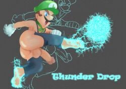 1boy ass balls barefoot big_penis blue_eyes blue_legwear brown_hair bubble_butt clothing dat_ass electricity english_text erection facial_hair fat_ass feet genitals gloves gray_background green_hat huge_cock kicking large_penis light-skinned_male light_skin luigi male male_only mario_(series) midnightmuser moustache nintendo open_mouth penis penis_out solo solo_male super_mario_bros. testicles white_gloves