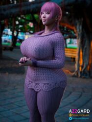 1girls 3d alternate_version_available areolae azzgard big_breasts breasts clothed clothes_female female female_only marioka_(azzgard) pants solo solo_female sweater voluptuous wide_hips