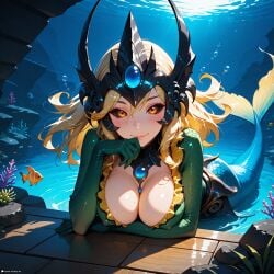 1female 1girls ai_generated black_sclera blonde_hair breasts cleavage colored_sclera eyelashes eyeliner fantasy female female_focus female_only fin fins helmet horny jewel jewelry league_of_legends long_hair looking_at_viewer makeup medium_breasts mermaid mermaid_tail nami_(league_of_legends) orange_eyes riot_games scales sensual sexually_suggestive sexy shiny_skin siren solo solo_female solo_focus stable_diffusion stblfantasy submarine suggestive suggestive_look underwater wet wet_hair