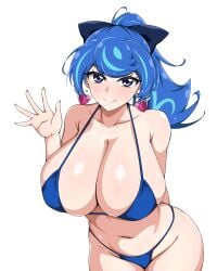 1girls bikini blue_angel blue_angel_(yu-gi-oh) blue_hair blush closed_mouth earrings heart huge_breasts led_(190491) long_hair looking_at_viewer navel ponytail purple_eyes ribbon smile solo white_background yu-gi-oh! yu-gi-oh!_vrains zaizen_aoi