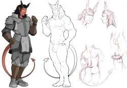 armor ass balls black_hair clothed clothing erection flaccid footwear foreskin genitals gloves glowing glowing_eyes hair handwear horn male mostly_nude nipples nude pandottermon penis red_body shoes solo spade_tail tail tiefling vein veiny_penis yellow_eyes