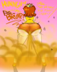 1girls ass ass_in_dress brown_hair bubble_butt clothing crown dress enjoying_farting excited fart fart_cloud farting fat_ass fat_butt female flower_symbol gassy gloves gobrush gobrushgob gobrushrush high_heels high_resolution huge_ass large_ass mario_(series) naughty_face nintendo orange_high_heels orange_shoes princess_daisy shoes smell smelly_ass stinky tomboy tooting white_gloves yellow_dress