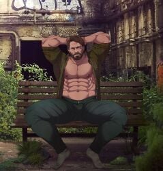 balls bara beard bulge clothing facial_hair flaccid hands_behind_head joel_miller male male_only muscles muscular penis ryans sitting solo solo_male the_last_of_us