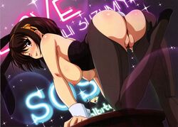 all_fours areolae ass between_labia blush breasts breasts_out brown_hair bunny_ears bunny_girl bunnysuit fake_animal_ears female haruhisky high_heels innie_pussy large_breasts legs looking_back nipples pantyhose pussy short_hair solo suzumiya_haruhi suzumiya_haruhi_no_yuuutsu table thighs thong torn_pantyhose uncensored wink