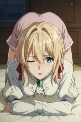 ai_generated bangs blonde_hair blue_eyes braid breasts brooch eyebrows_visible_through_hair female hair_between_eyes hair_intakes hair_ribbon indoors jewelry long_sleeves one_eye_closed open_mouth red_ribbon ribbon sidelocks solo violet_evergarden_(character)