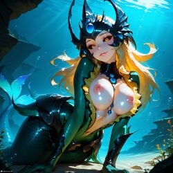 1female 1girls ai_generated black_sclera blonde_hair breasts cleavage colored_sclera eyelashes eyeliner fantasy female female_focus female_only fin fins helmet horny jewel jewelry league_of_legends long_hair looking_at_viewer makeup medium_breasts mermaid mermaid_tail nami_(league_of_legends) orange_eyes riot_games scales sensual sexually_suggestive sexy shiny_skin siren solo solo_female solo_focus stable_diffusion stblfantasy submarine suggestive suggestive_look underwater wet wet_hair