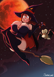 bat big_breasts blood_moon boots breasts broom female full_length halloween moon night samasan witch witch_hat