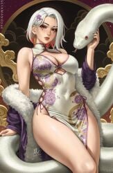 1girls chinese_clothes cleavage looking_at_viewer lunar_new_year nail_polish oriental original_character red_eyes red_nails revealing_clothes sciamano240 snake tagme tight_clothing white_hair