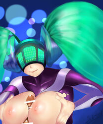 1boy 1girls aqua_hair areolae big_breasts breasts censored dj_sona female large_breasts league_of_legends paizuri penis smile sona_buvelle tied_hair twintails