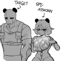 1boy 1girls 2d big_breasts blush blush_lines bo_(voideyedpanda) breasts cleavage clothed digital_media female furry greyscale male male/female mostly_clothed muscular muscular_male nipple_bulge nipple_covers nipples nipples_visible_through_clothing original original_character panda panda_ears panda_girl pasties simple_background sketch standing steam stitches straight thick_thighs undressing undressing_self unzipped unzipped_bodysuit veiny_muscles voideyedpanda