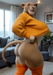 ai_generated anthro ass big_breasts bodily_fluids breasts bubble_butt curvaceous curvy_figure felid female furry hi_res huge_breasts lion living looking_at_viewer mammal mature_female narrowed_eyes pantherine realistic room sarabi_(the_lion_king) shaking_butt solo sweat sweating_profusely sweaty_body sweaty_breasts sweaty_face sweaty_legs t-shirt tagme teasing the_lion_king video vlrgromns voluptuous wide_hips