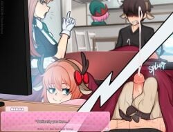 1boy caught caught_in_the_act christmas cum cumshot dialogue doki_doki_literature_club english_text footjob gameplay_mechanics indoors living_room mc_(doki_doki_literature_club!) monika_(doki_doki_literature_club) natsuki_(doki_doki_literature_club) onomatopoeia reindeer_antlers reindeer_costume sayori_(doki_doki_literature_club) socks stealth_sex straight tagme text under_covers under_the_table