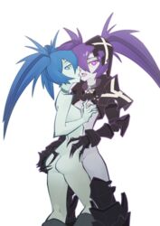 2girls armor ass black_rock_shooter black_rock_shooter_(character) blue_eyes blue_hair boots breasts choker claws dual_persona female flat_chest gauntlets greaves hair_over_one_eye insane_black_rock_shooter long_hair looking_at_viewer multiple_girls nude open_mouth purple_eyes purple_hair scar selfcest shorts stitches sword the_pink_pirate thigh_boots thighhighs tied_hair twintails weapon yuri