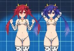 2girls armpits arms_up bikini blue_hair blush cow_print kurome_ankokuboshi light_skin looking_at_another neptunia_(series) open_mouth orange_eyes purple_eyes red_hair s.g.sho small_breasts thighhighs twintails uzume_tennouboshi