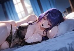 ai_generated big_breasts black_lipstick breasts cum_on_breasts curvy curvy_female curvy_figure dripping genshin_impact goddess hoyoverse huge_breasts lipstick milf purple_hair raiden_shogun thick_ass thick_thighs thighs voluptuous voluptuous_female