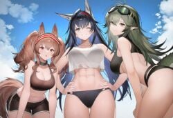 3girls :o abs ai_assisted ai_generated angelina_(arknights) arknights bikini black_bikini black_shorts blaze_(arknights) blue_eyes blue_hair cleavage cloud clouds crocodile_girl crocodilian_tail crop_top crop_top_overhang dog_ears dog_girl fox_ears fox_girl fox_tail from_below goggles_on_head green_hair grin hands_on_own_hips headband infection_monitor_(arknights) innerboob leaning_forward long_hair looking_at_viewer muchdoge one_eye_closed pointy_ears pov red_eyes shorts sky sports_bra thighs underboob white_crop_top yellow_eyes