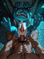 ai_generated big_dom_small_sub blue_skin bound cetacean_penis chained crying dungeon fizz_(lol) gay human human_on_anthro human_on_male human_penetrating league_of_legends light-skinned_male male penis rape size_difference spread_legs tapering_penis tentacle_hair white_belly yordle yordle_on_human